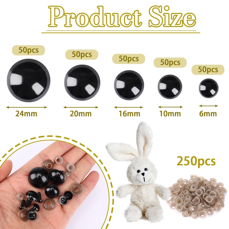 UPINS 500 Pieces 6-24MM Black Plastic Safety Eyes with Washers for Crochet Animal Crafts Doll Making Supplier Bulk (4 Sizes) - Image 2